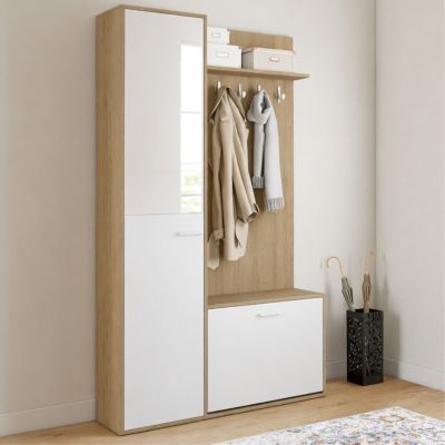 Vestiaire d'entrée rangement chaussures avec miroir et étagères MAHAUT 1 porte effet bois et blanc