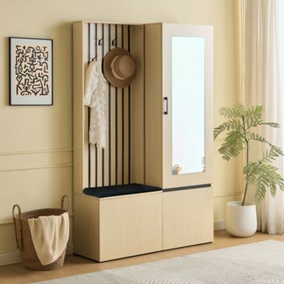 Vestiaire d'entrée - Tringle à vêtements - Meuble à chaussures et banc rembourré - Avec miroir et 4 crochets - Naturel