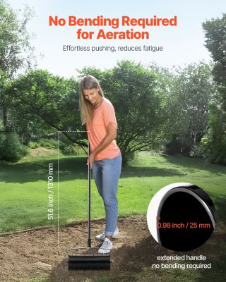 VEVOR Aérateur pelouse roulant 457,2 mm, 27 pointes fer, poignée amovible. Manuel, jardin, gazon.