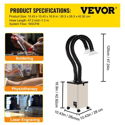 VEVOR Absorbeur fumée 150W pour soudure 4500 tr min, 28x28x43 cm, tuyaux flexibles 1,2 m.