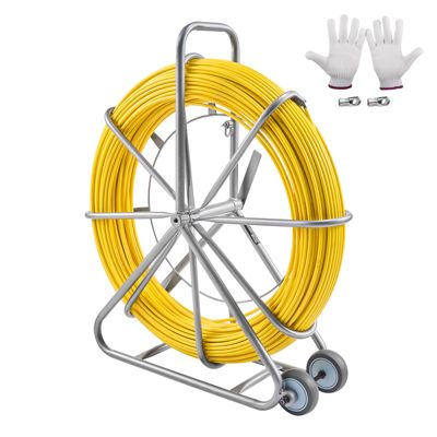 VEVOR Aiguille électricien 200m fibre de verre avec support acier, 3 têtes de tirage, pour câbles dans conduits muraux.