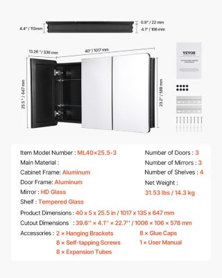 VEVOR Armoire pharmacie 1017x647mm, miroir, 4 étagères.