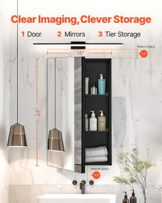 VEVOR Armoire pharmacie 355x610mm, miroir, étagères réglables.