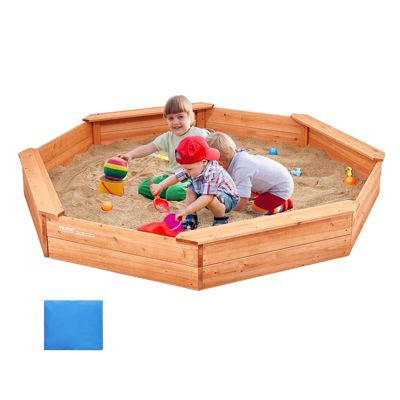 VEVOR Bac sable bois couvercle, octogonal 192x192x23 cm. 4 sièges, doublure, pour jardin, 3-12 ans.