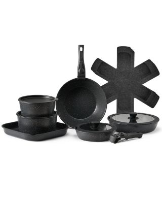 VEVOR Batterie cuisine 17 pièces, induction, antiadhésif, poignée amovible. Verre trempe, noir.