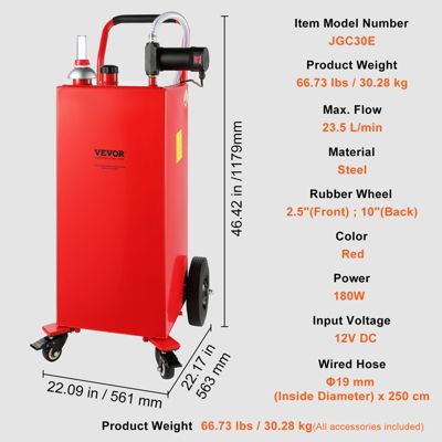 VEVOR Bidon essence sur roues, 113,6 L, pompe électrique 23,5 L/min. Pour diesel, tondeuse, bateau, moto.