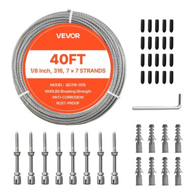 VEVOR Câble Acier Inoxydable Kit Fil Tressé Inox 316 3,2 mm 12,2 m 7x7 Brins