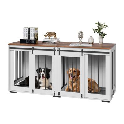 VEVOR Cage chien meuble bois, 1800x600x861 mm. Porte coulissante, plateau amovible. Marron/blanc.