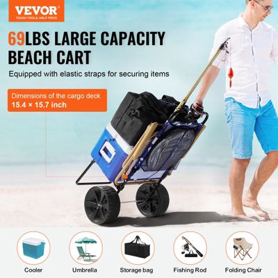 VEVOR Chariot plage grandes roues sable, charge 31 kg, roues PE 254 mm. Pliable, pour pique-nique, camping.