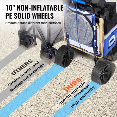 VEVOR Chariot plage grandes roues sable, charge 31 kg, roues PE 254 mm. Pliable, pour pique-nique, camping.