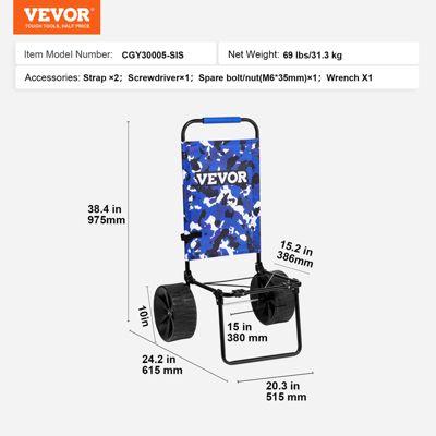 VEVOR Chariot plage grandes roues sable, charge 31 kg, roues PE 254 mm. Pliable, pour pique-nique, camping.
