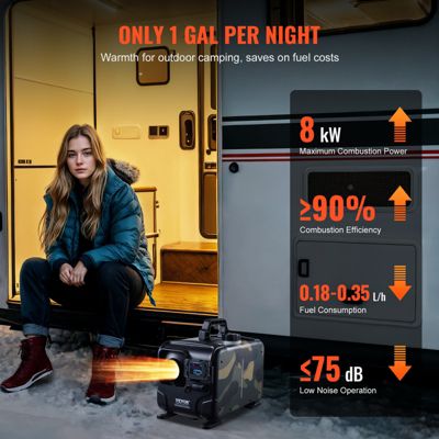 VEVOR Chauffage diesel 8kW 12 24V, contrôle Bluetooth, télécommande, écran, alarme CO, portable horizontal, chauffage rapide.