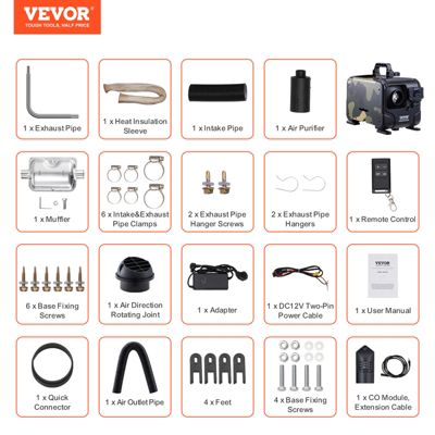 VEVOR Chauffage diesel 8kW 12 24V, contrôle Bluetooth, télécommande, écran, alarme CO, portable horizontal, chauffage rapide.