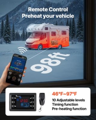 VEVOR Chauffage diesel 8kW 12 24V portable tout-en-un. Contrôle par appli Bluetooth, télécommande, écran LCD. Réservoir 7L.