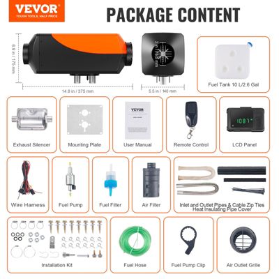 VEVOR Chauffage diesel 8kW 12V, 0.16-0.62 L h, reglable 8-36Celsius, controle intelligent LCD Bluetooth, telecommande.