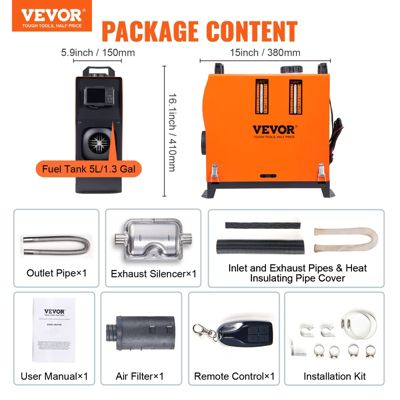 VEVOR Chauffage diesel tout-en-un portable 8kW 12V, 0.16-0.62 L h, réglable 8-36Celsius controle intelligent LCD Bluetooth.