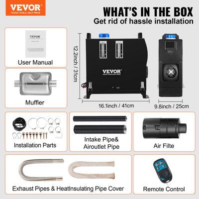 VEVOR Chauffage stationnement diesel tout-en-un 8kW 12V, chauffage rapide, commutateur LCD, accessoires complets.