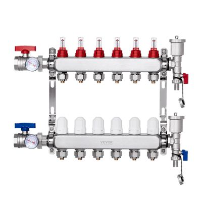 VEVOR Collecteur chauffage radiant 6 branches, inox, tubes PEX 1,27 cm. Chaleur hydronique sol.