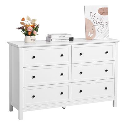 VEVOR Commode 6 tiroirs, bois, coulissant, anti-basculement, blanc.