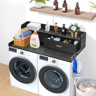 VEVOR Comptoir lave-linge/sèche-linge, 2 tiroirs, étagère 2 niveaux, bois, antidérapant, noir.