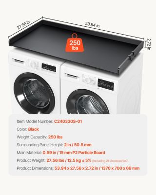 VEVOR Comptoir lave-linge/sèche-linge, 3 panneaux épissure, bois, antidérapant, eau, noir.