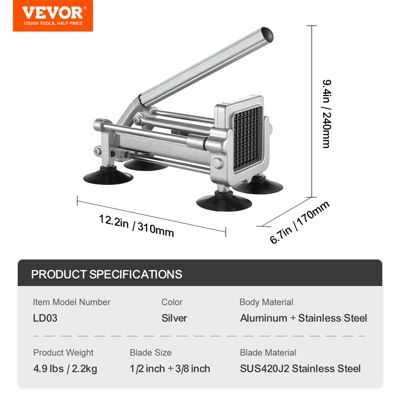 VEVOR Coupe-frites manuel, lames 1/2 et 3/8 po, ventouses. Pommes de terre, légumes, carottes.