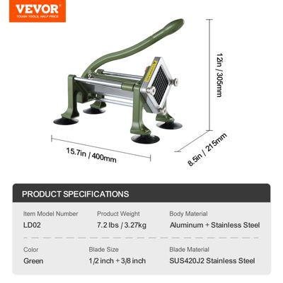 VEVOR Coupe-frites manuel, lames 1/2 et 3/8 po, ventouses. Pommes de terre.