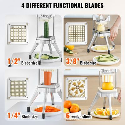 VEVOR Coupe-frites professionnel manuel avec 4 lames inox 12.7/6.4/9.5mm et coupeur 6 quartiers. Pour cuisine, restaurant.