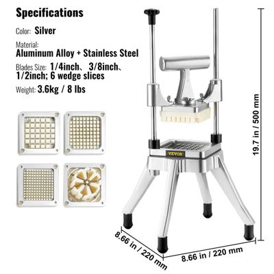 VEVOR Coupe-frites professionnel manuel avec 4 lames inox 12.7/6.4/9.5mm et coupeur 6 quartiers. Pour cuisine, restaurant.