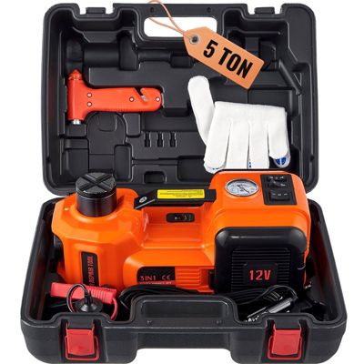 VEVOR Cric hydraulique électrique 5T 12V, levée 155-450 mm, avec lampe LED et gonfleur, coffret.