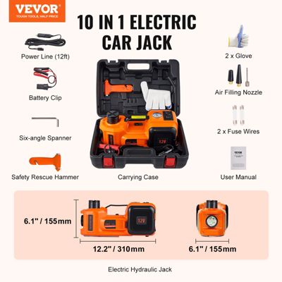 VEVOR Cric hydraulique électrique 5T 12V, levée 155-450 mm, avec lampe LED et gonfleur, coffret.