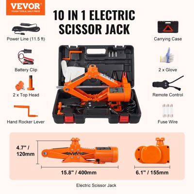 VEVOR Cric losange électrique 3T 12V, levée 130-370 mm, avec manivelle, coffret dépannage pour SUV.