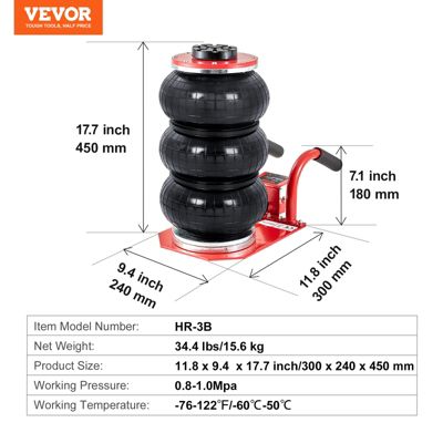 VEVOR Cric pneumatique 3T 140-450 mm, 0,8-1,0 MPa, coussins d'air, levage rapide facile, portable rouge.