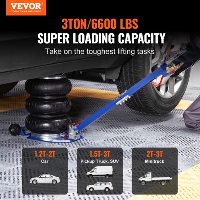 VEVOR Cric pneumatique 3T, plage 140-450 mm, 0,8-1,0 MPa, 3 coussins d'air, poignée ajustable.
