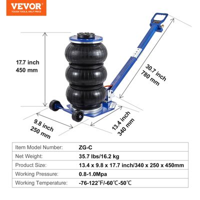 VEVOR Cric pneumatique 3T, plage 140-450 mm, 0,8-1,0 MPa, 3 coussins d'air, poignée ajustable.