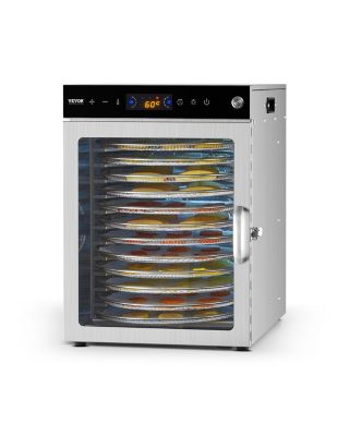 VEVOR Déshydrateur alimentaire rotatif 12 plateaux inox 800W, température/minuterie réglables, pour viande/fruits.