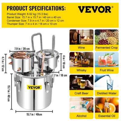 VEVOR Distillateur Alambic 50 L, Chaudière à Spiritueux Inox 6,92 kg, Refroidissement Rapide avec Pompe.