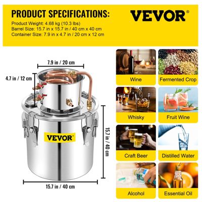 VEVOR Distillateur Alambic 50L, chaudière inox 6.92kg, refroidissement rapide avec pompe à eau.