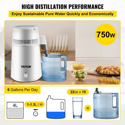 VEVOR Distillateur d'eau 4 L en acier inoxydable 750W, produit 1 L h d'eau pure pour hôpitaux et usage domestique.