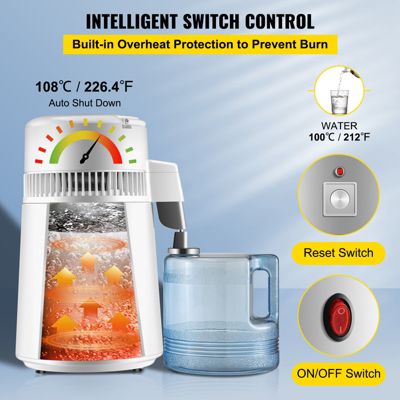 VEVOR Distillateur d'eau 4 L en acier inoxydable 750W, produit 1 L h d'eau pure pour hôpitaux et usage domestique.