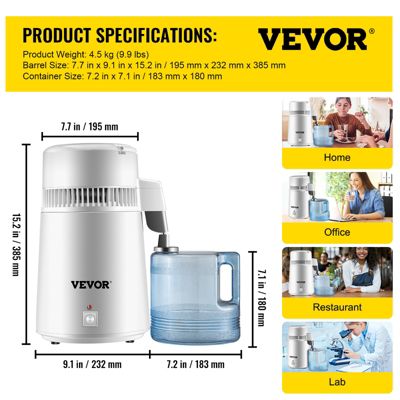 VEVOR Distillateur d'eau 4 L en acier inoxydable 750W, produit 1 L h d'eau pure pour hôpitaux et usage domestique.