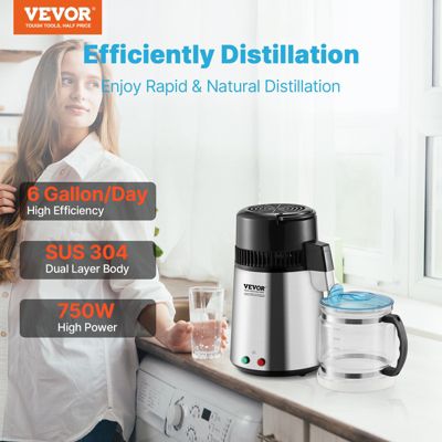 VEVOR Distillateur d'eau 4L inox, 1L/h (24L/jour), haut rendement, pour purification eau robinet, maison/bureau.