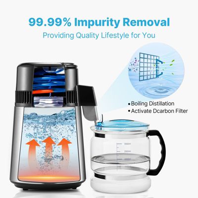 VEVOR Distillateur d'eau 4L inox, 1L/h (24L/jour), haut rendement, pour purification eau robinet, maison/bureau.