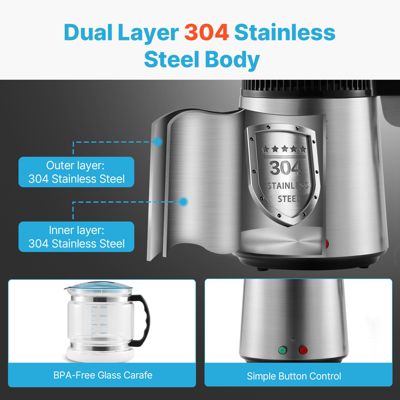 VEVOR Distillateur d'eau 4L inox, 1L/h (24L/jour), haut rendement, pour purification eau robinet, maison/bureau.