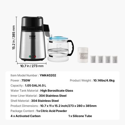 VEVOR Distillateur d'eau 4L inox, 1L/h (24L/jour), haut rendement, pour purification eau robinet, maison/bureau.