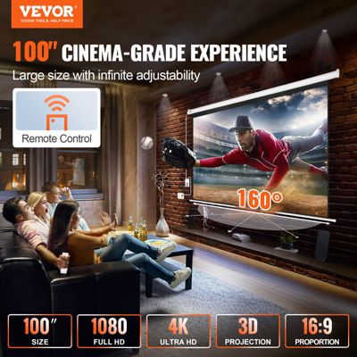 VEVOR Ecran de Projection Motorisé 100 pouces 16:9 HD, Toile Anti-Plis, Télécommande.