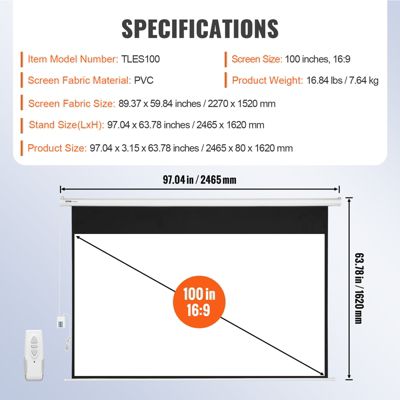 VEVOR Ecran de Projection Motorisé 100 pouces 16:9 HD, Toile Anti-Plis, Télécommande.