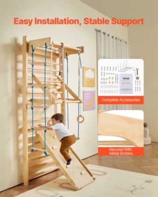 Échelle Suédoise Physionics En Bois – 195x80x14 Cm – 100 Kg Max – Barre De Traction Amovible – Pin Massif