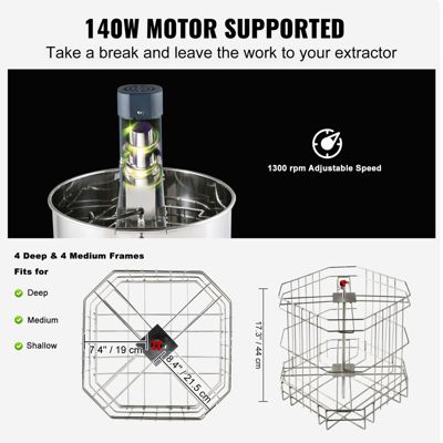 VEVOR Extracteur de miel électrique 4 8 cadres 140W inox, couvercle, hauteur réglable, apiculture.