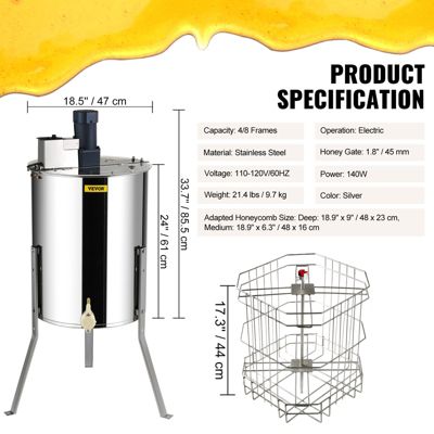 VEVOR Extracteur de miel électrique 4 8 cadres 140W inox, couvercle, hauteur réglable, apiculture.